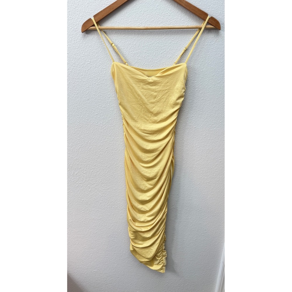 Oh Polly Anaisa Asymmetric Ruched Midi Dress Pastel Yellow XS Bodycon Sweetheart - Picture 2 of 6